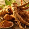 Close-up view of Ashwagandha roots with fresh leaves and a bowl of ground Ashwagandha powder, highlighting their natural textures and earthy appearance.