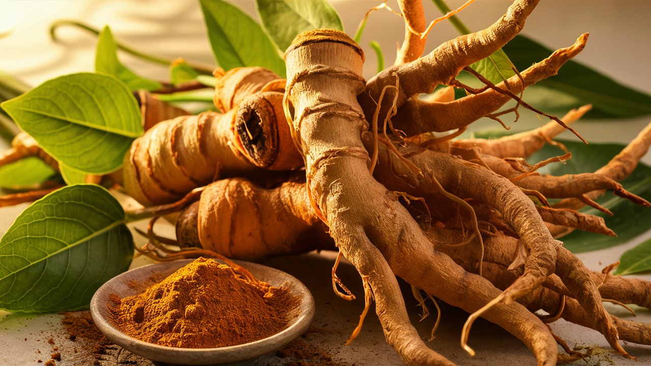 Close-up view of Ashwagandha roots with fresh leaves and a bowl of ground Ashwagandha powder, highlighting their natural textures and earthy appearance.