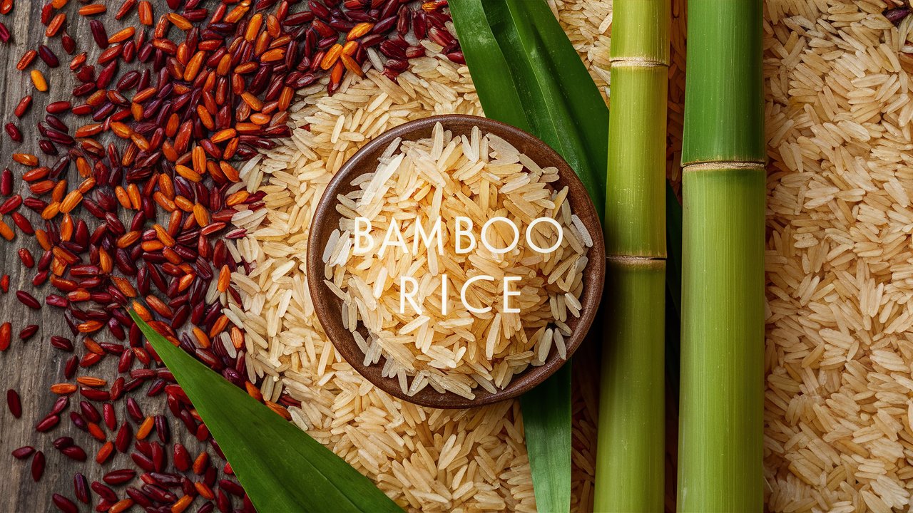 Close-up view of Bamboo Rice grains, highlighting their unique texture and vibrant color on a rustic wooden surface.