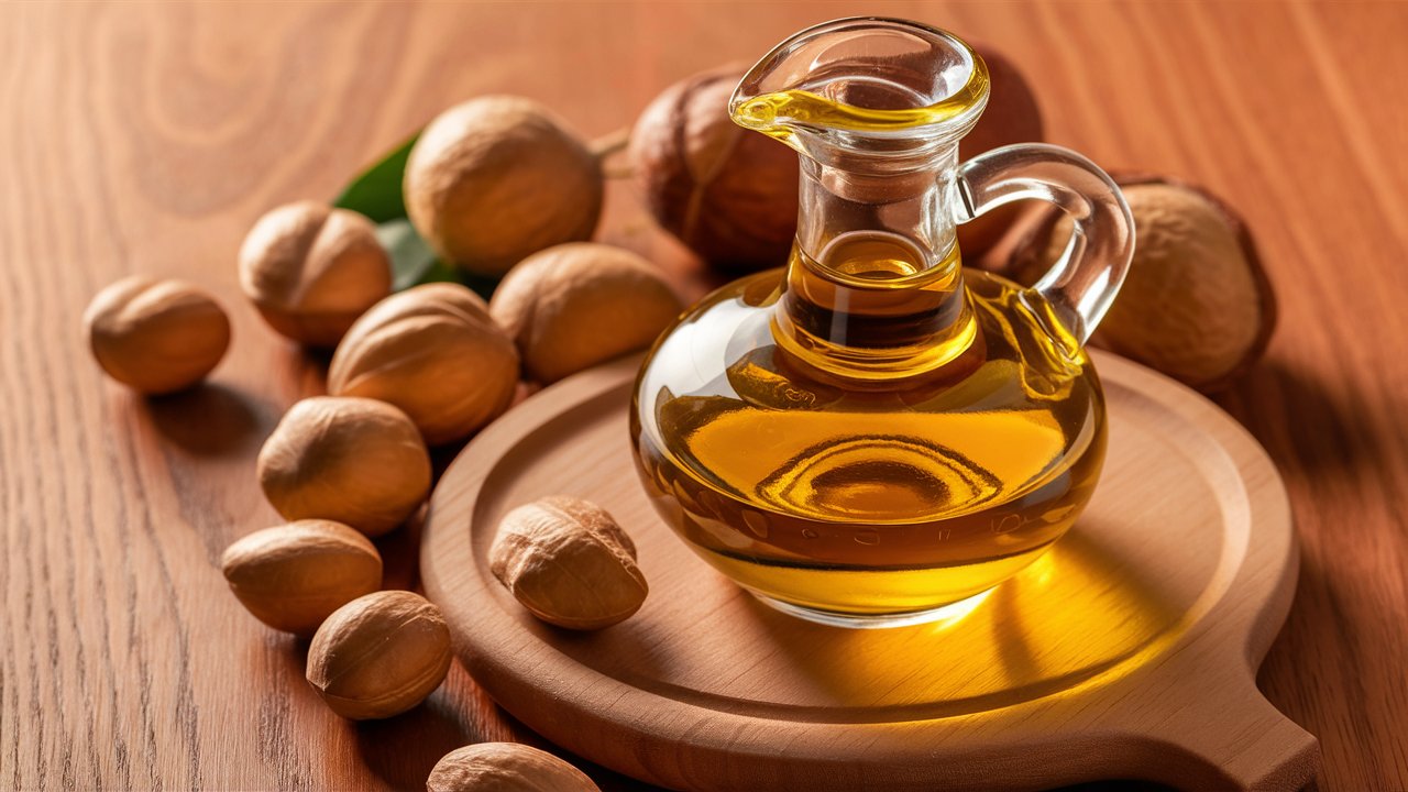 Close-up view of Cold-Pressed Groundnut Oil in a glass bottle, surrounded by whole Groundnuts.