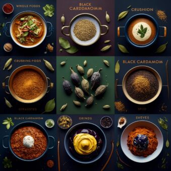 Image showcasing various culinary uses of Black Cardamom pods, including adding to curries, tea blends, spice mixes, and sweet dishes.