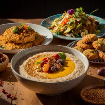 Assorted dishes featuring Foxtail Millet: porridge, upma, salad, and cookies.