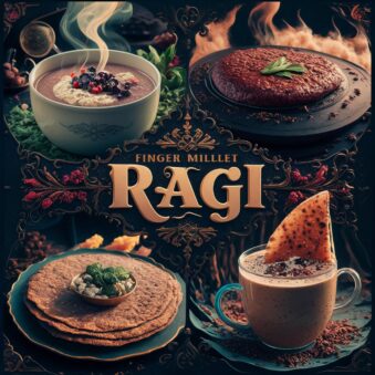 Collage of images showcasing various delicious recipes made with finger millet (ragi): Ragi Porridge, Ragi Roti, Ragi Dosa, and Ragi Malt.