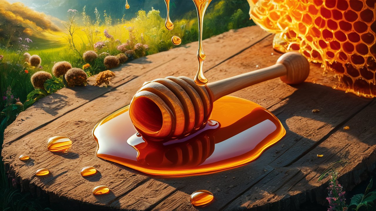 Honey drips and a honey dipper on a wooden table with fresh flowers and honeycomb