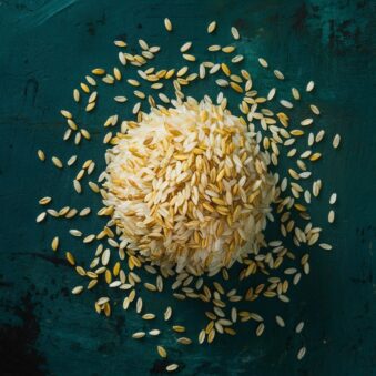 Close-up image of pearl barley grains with barley stalks and greenery