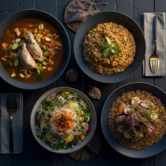 An assortment of dishes made with Pearl Barley, including barley soup, barley risotto, barley salad, and barley pilaf