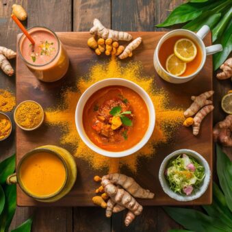 Various dishes incorporating raw turmeric, including a smoothie, tea, golden milk, curry, and salad.