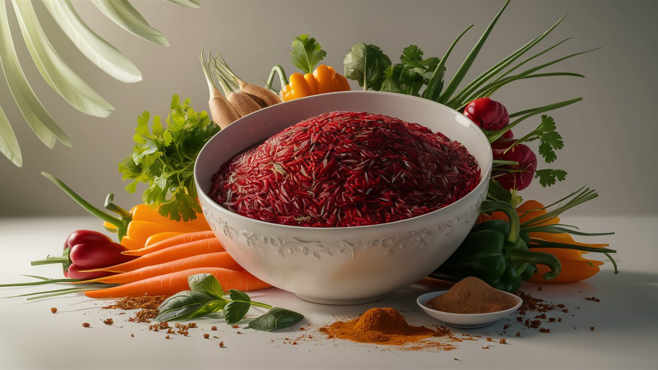 Organic red rice bowl surrounded by fresh vegetables and herbs