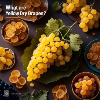 Close-up view of Yellow Dry Grapes with a few fresh yellow grapes, showcasing their texture and golden hue