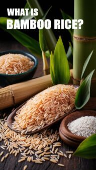 Bamboo Rice grains with unique color and texture, displayed with bamboo plants in the background.