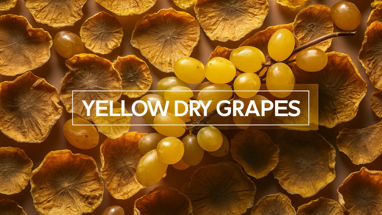 Close-up view of Yellow Dry Grapes with a few fresh yellow grapes, showcasing their texture and golden hue.