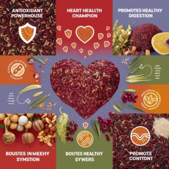 Image highlighting the nutritional benefits of organic red rice, including antioxidants, heart health, digestion, immune support, protein, and essential nutrients.