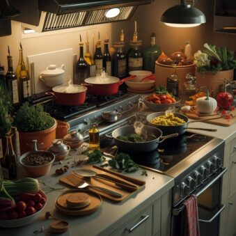 Well-organized kitchen setting with cooking ingredients, utensils, and various cooking oils.