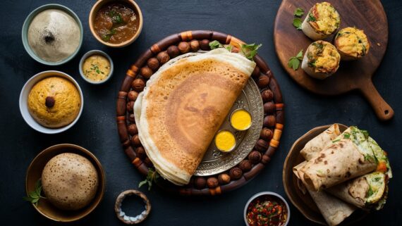 A beautifully plated dosai (Indian crepe) made with Little Millet Dosai