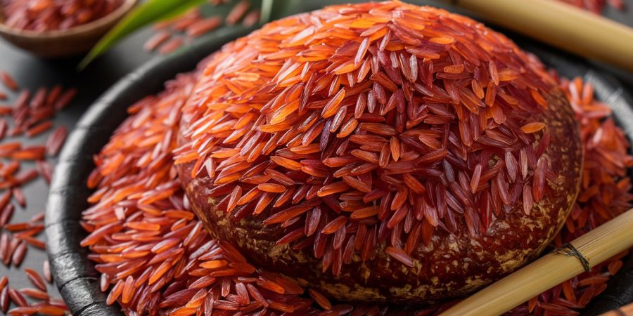 Zoomed-in image of organic red rice grains showcasing their texture and vibrant color